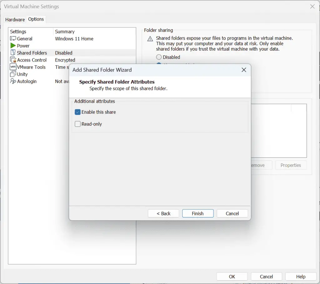 How to enable shared folders in VMware Player.