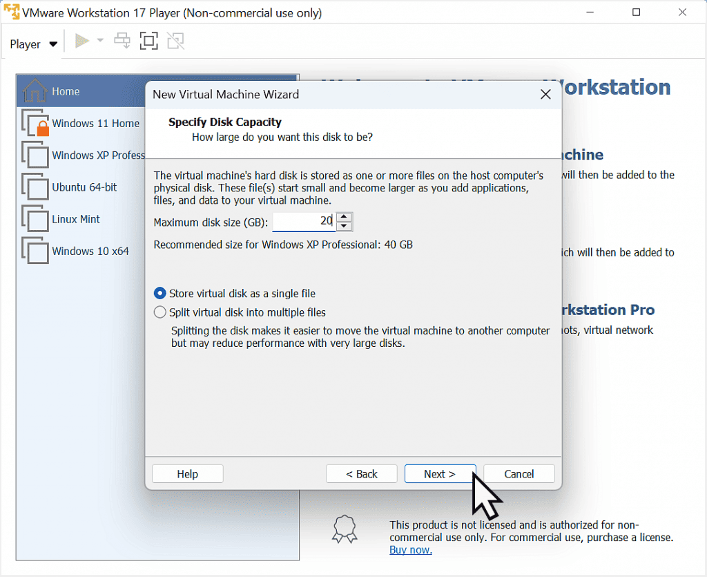 Setting the virtual disk size in VMware Player.