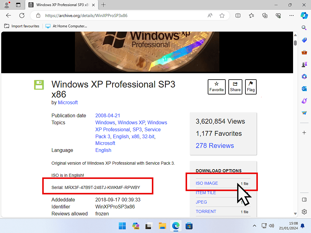 Downloading a Windows XP ISO image file.