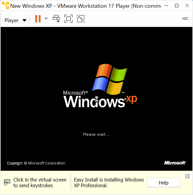 Windows XP virtual machine is starting.