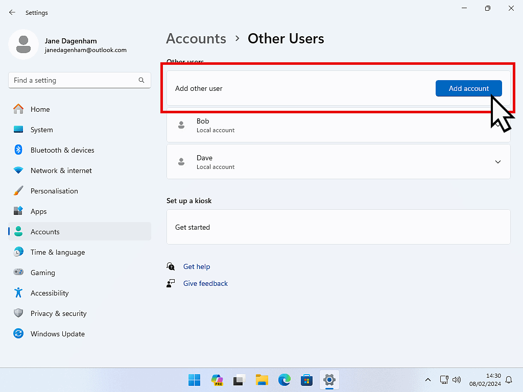 Add new account button is marked in Windows 11.