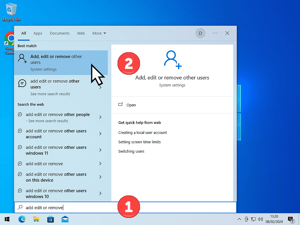 Adding a new user account in Windows 10.