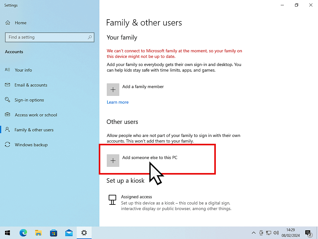 Add anew user option is highlighted in Windows 10.
