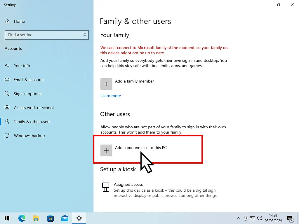 Add anew user option is highlighted in Windows 10.