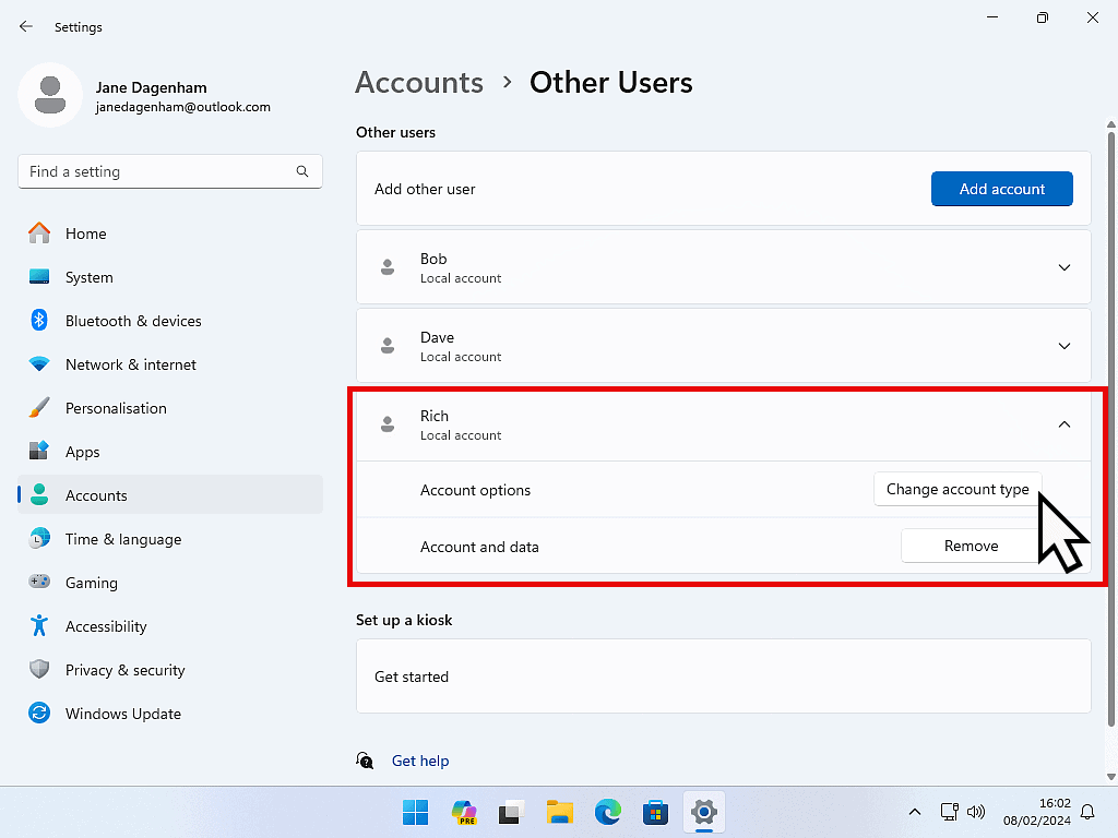 Changing a Windows user account from a Standard user to an Administrator account.