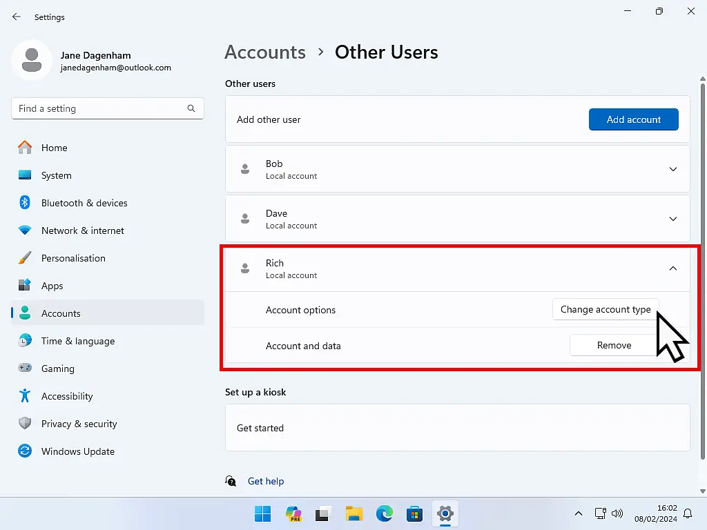 Changing a Windows user account from a Standard user to an Administrator account.