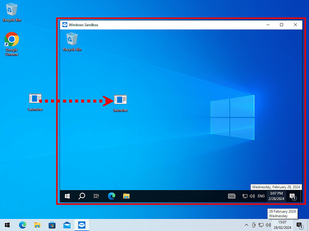 Windows Sandbox is running. A file is being moved into it.
