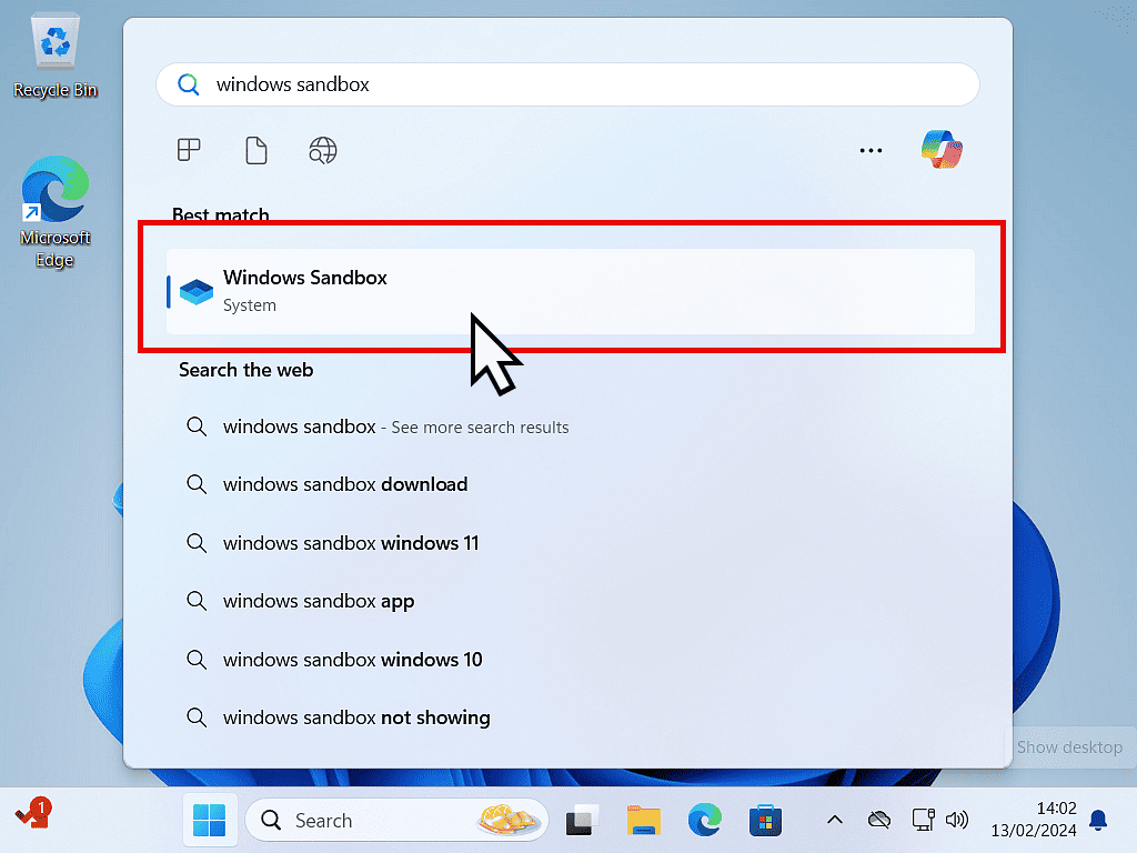 Windows Sandbox is indicated in the search results.