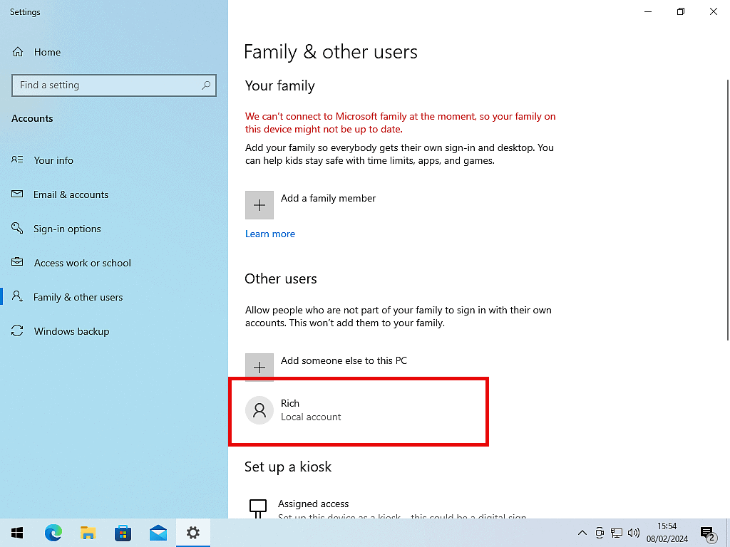 The new user account is marked in Windows 10.