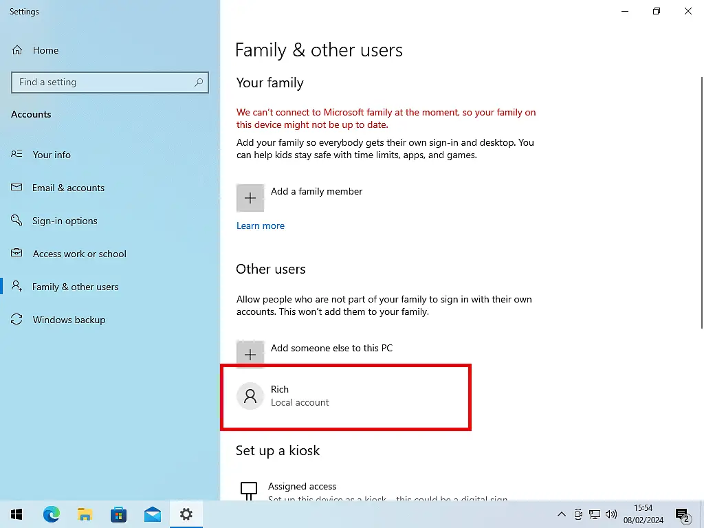 The new user account is marked in Windows 10.