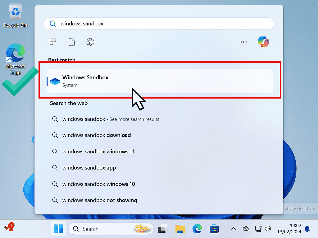 Windows Sandbox appears at the top of the search results in Windows 11.