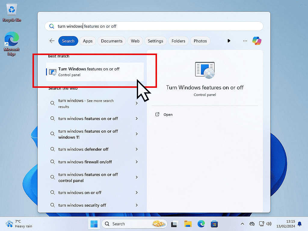 Turn Windows features on or off is highlighted on the Start menu search results in Windows 11.