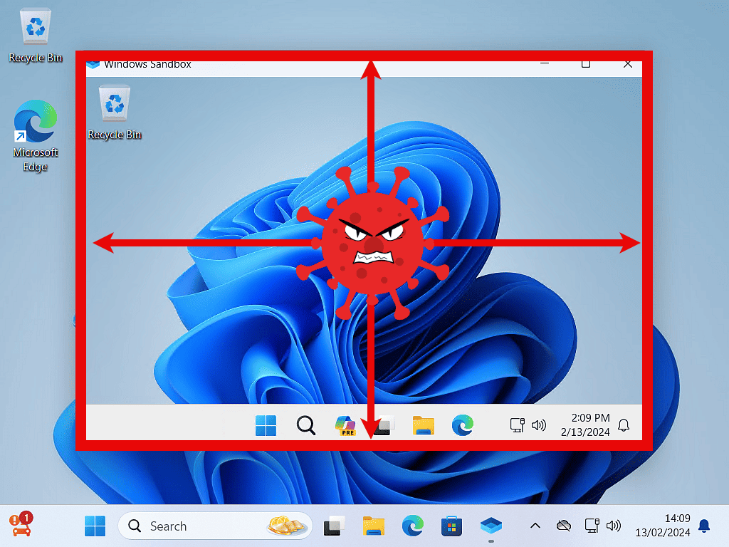 Clipart caricature of a computer virus contained inside a Windows Sandbox VM.