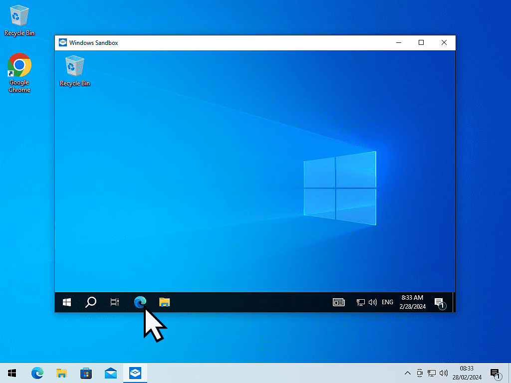 Windows Sandbox is running. Microsoft Edge icon on taskbar is highlighted.