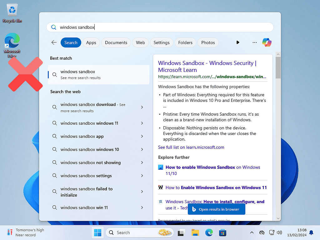 When searching for Windows Sandbox, only web results are displayed.