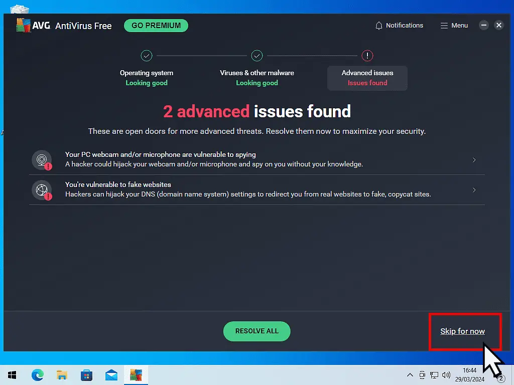 AVG advises 2 advanced issues found. Skip for now is marked.