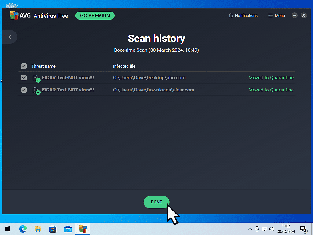 Scan History screen in AVG Free.