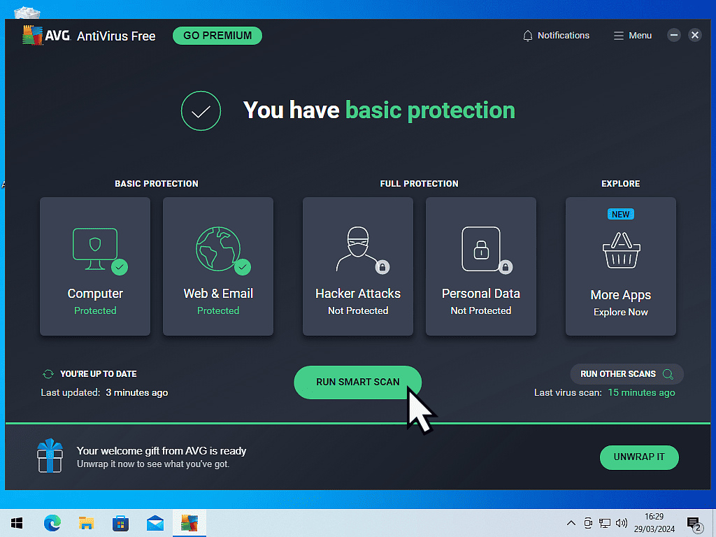 Smart scan button is being clicked on in AVG Free Antivirus.
