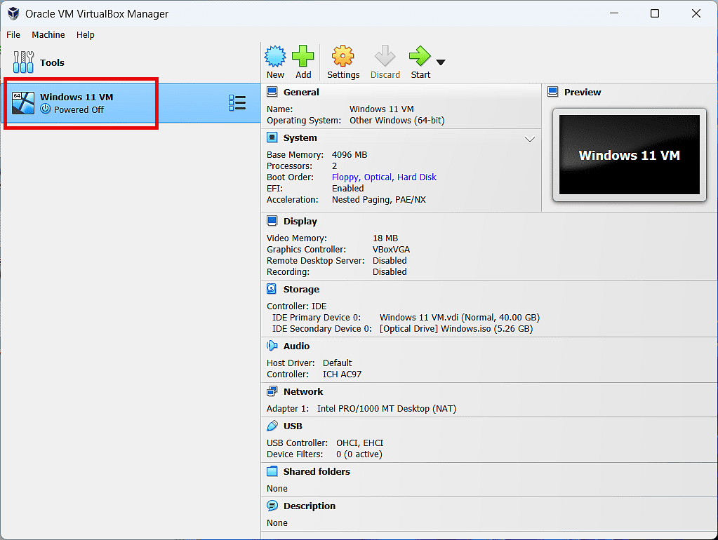 VirtualBox GUI with Windows 11 VM highlighted.