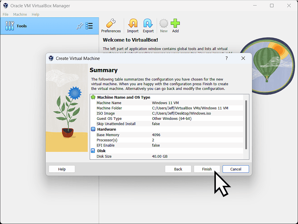 Summary of VirtualBox VM settings.