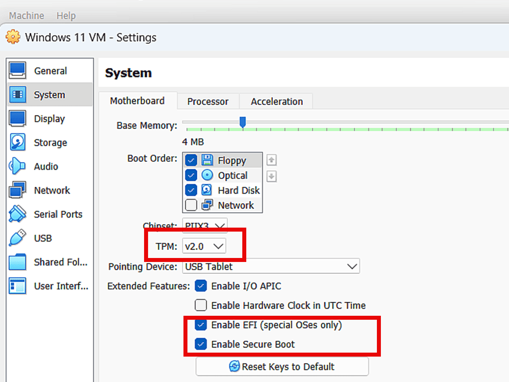 TPM v2 and Enable Secure Boot are both selected in VirtualBox settings.