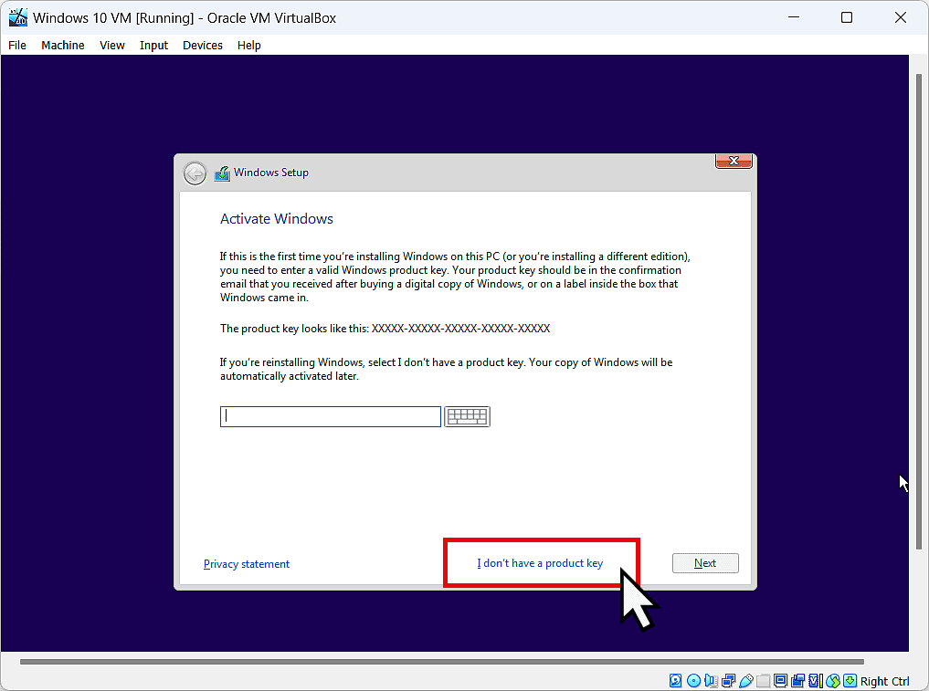 "I don't have a product key" option is highlighted.