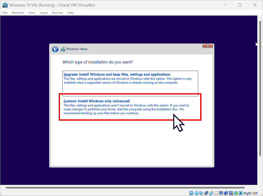 Custom Install Windows Only (Advanced) option is highlighted.