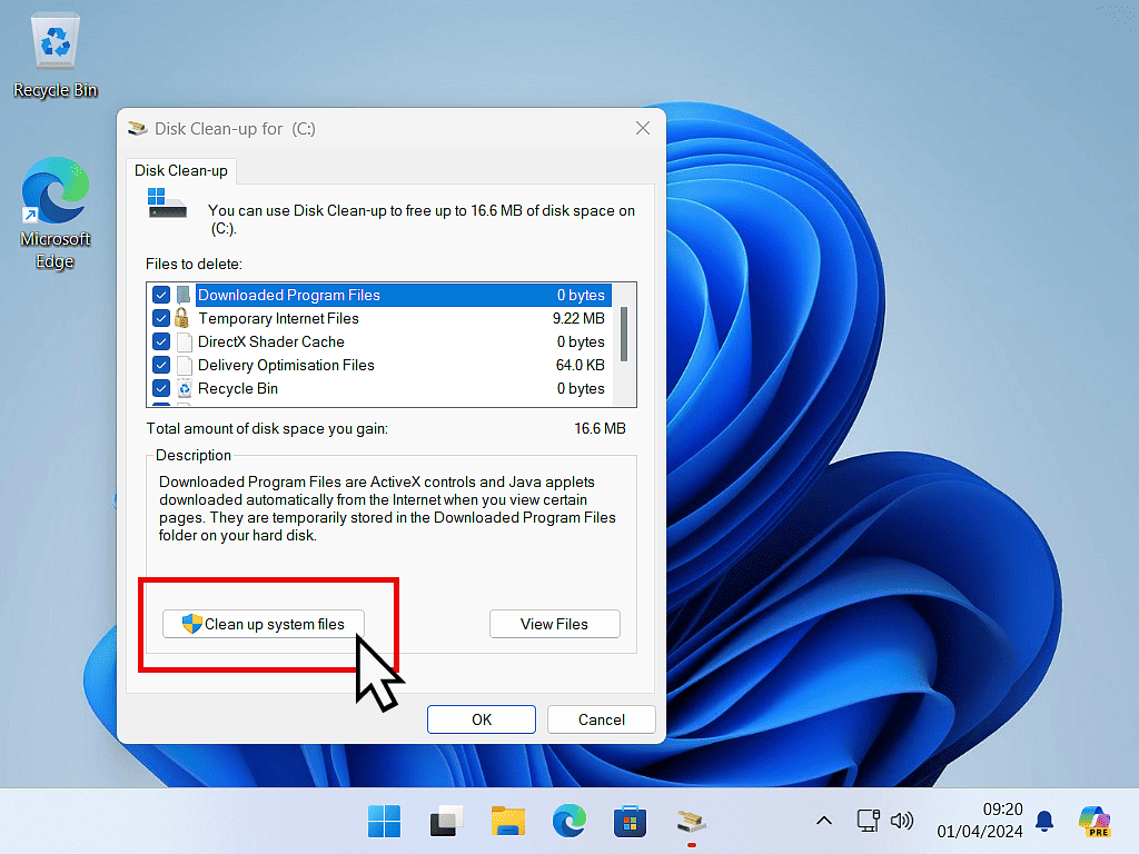 Disk Clean-up is open and Clean up system files is indicated.