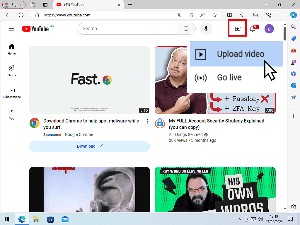Create icon and Upload video are marked.