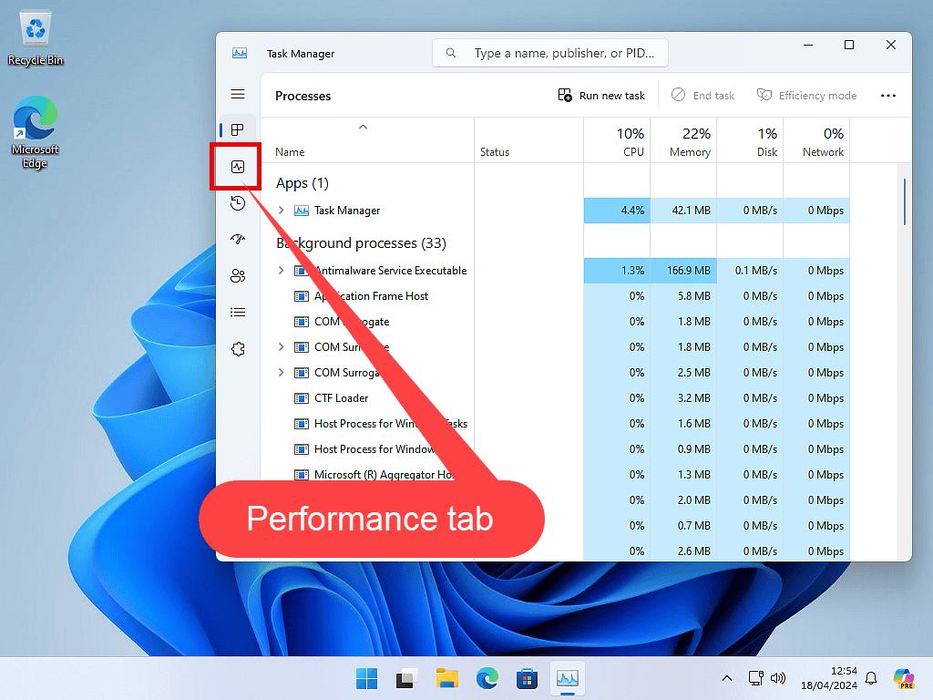 Performance tab indicated in Windows Task Manager.
