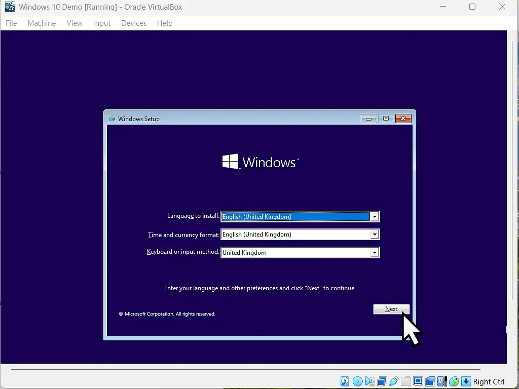 Next button indicate on Windows 10 setup screen.