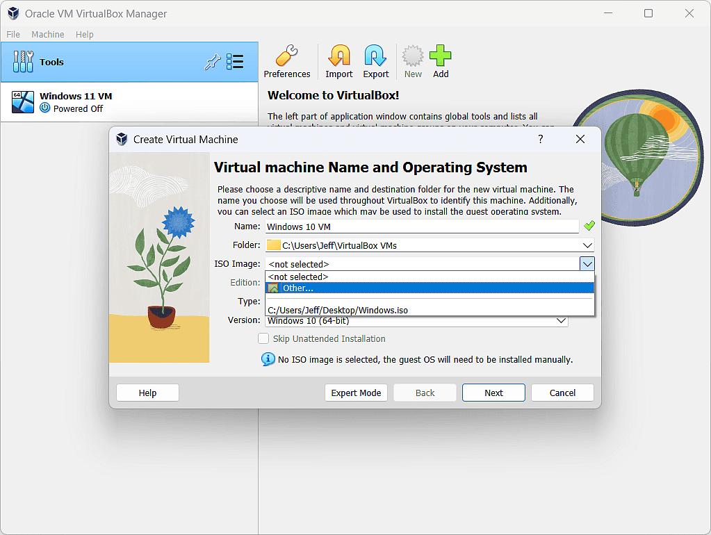 Windows 10 VM has been entered into the Name box.