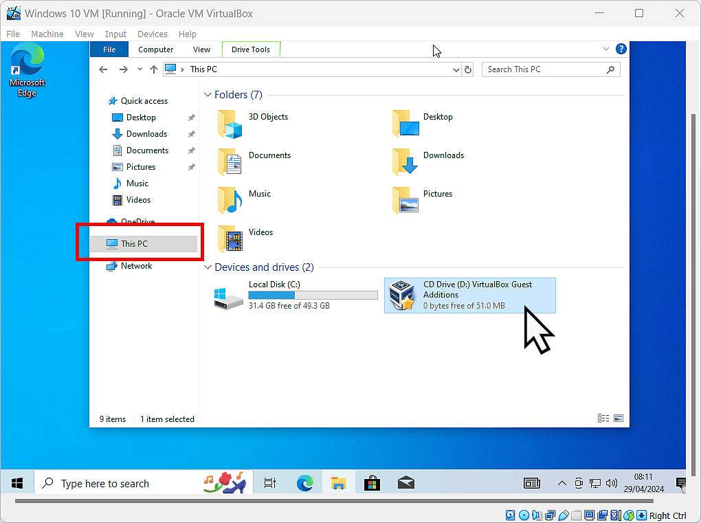 This PC and Virtual drive indicated inside Windows 10 File Explorer window.