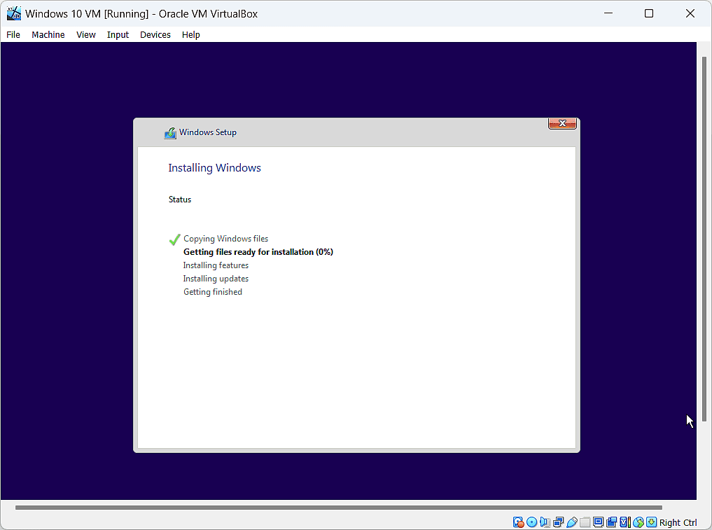 Windows 10 installation progress.