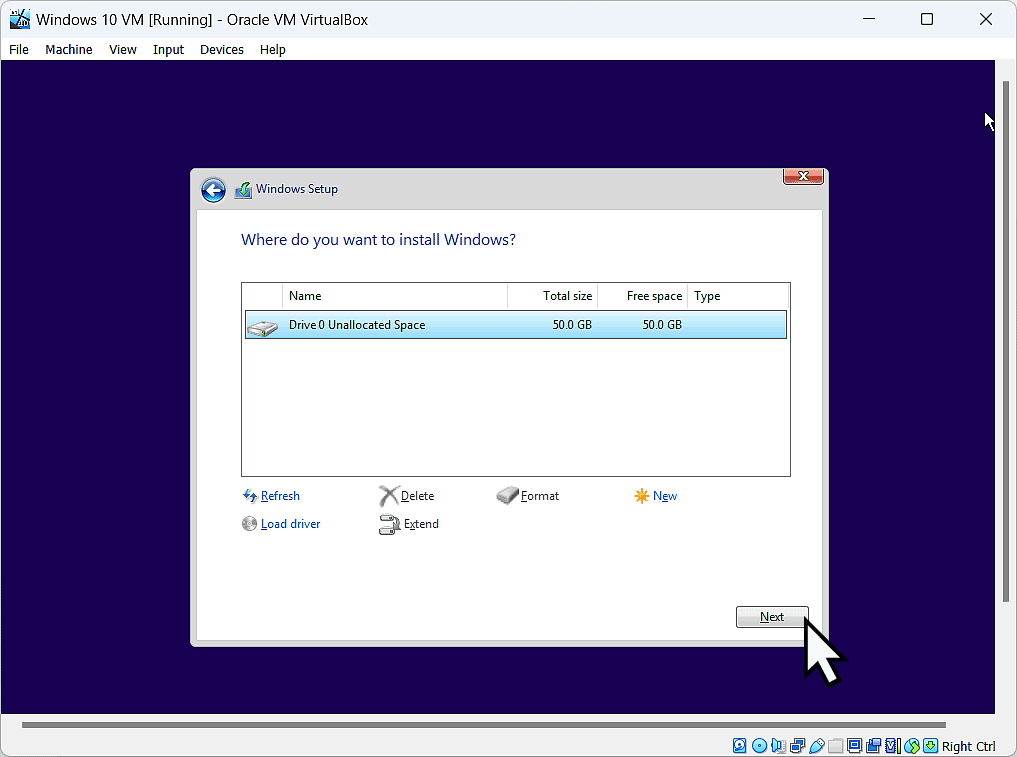 Hard disk formatting options in Windows 10 installation. The Next button is indicated.