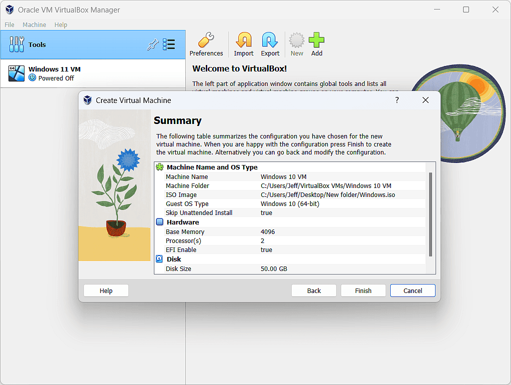 Summary of VBox settings for VM.