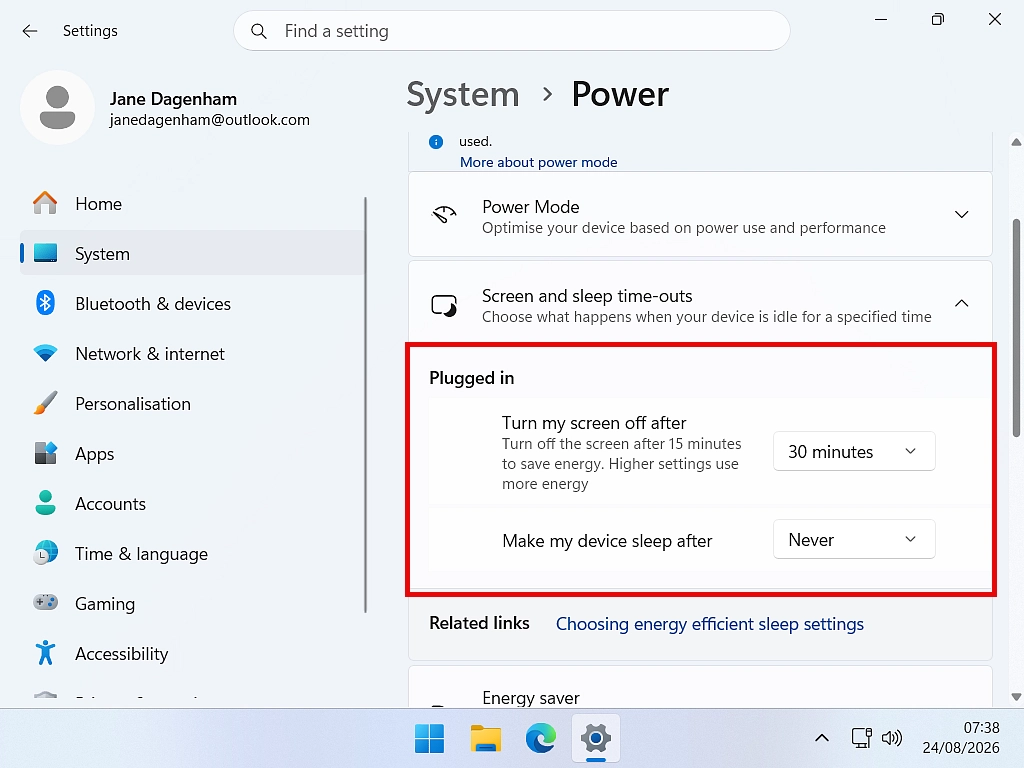 Power Options with put the computer to sleep highlighted and set to Never.