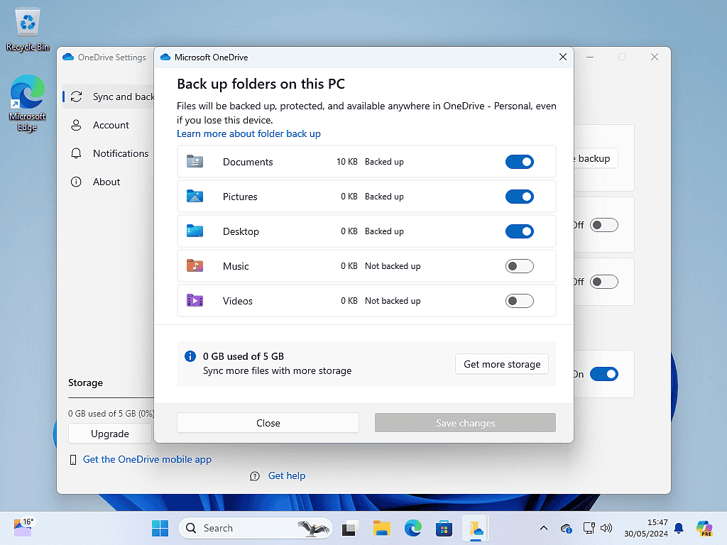 Documents, Pictures and Desktop are selected.