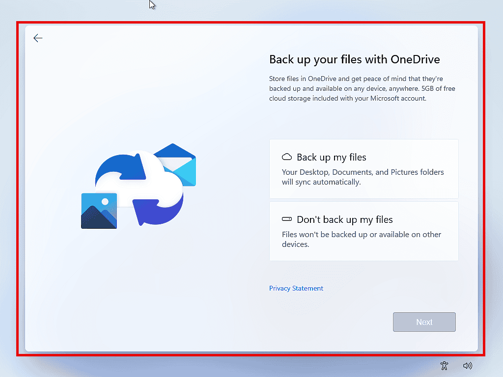 Windows 11 setup option to backup files.