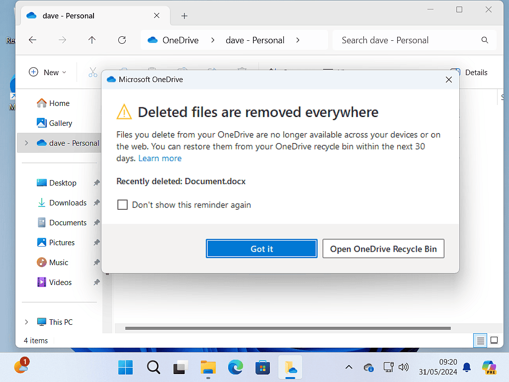 Warning message from OneDrive.