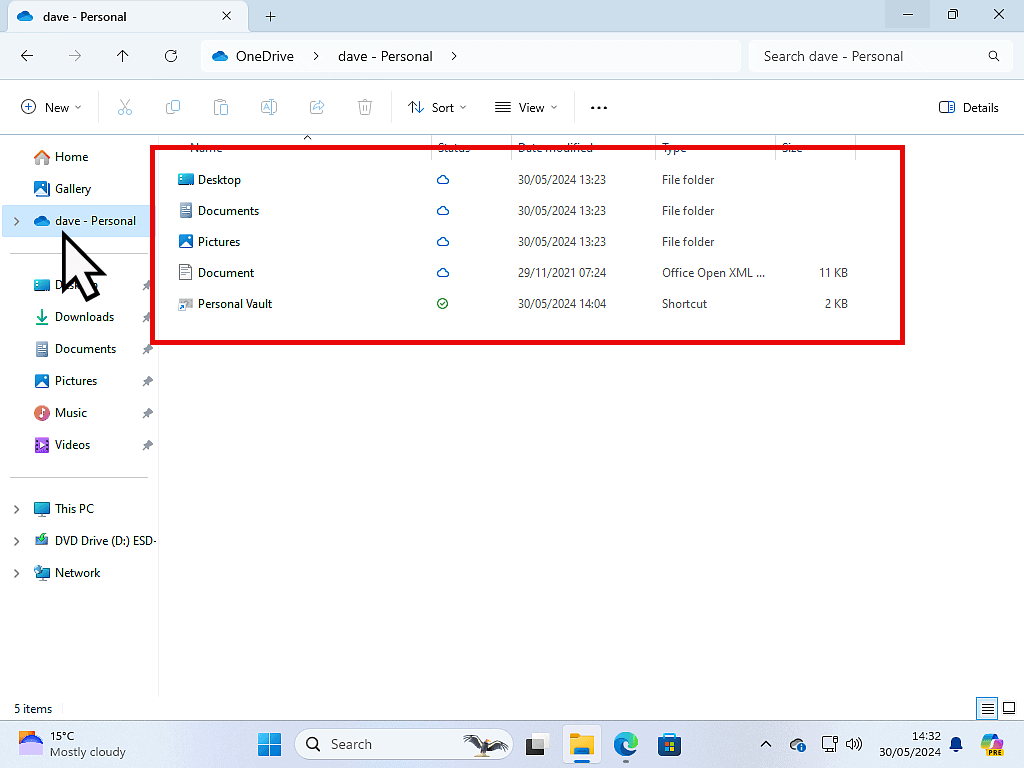 OneDrive folder open in File Explorer on a PC. 