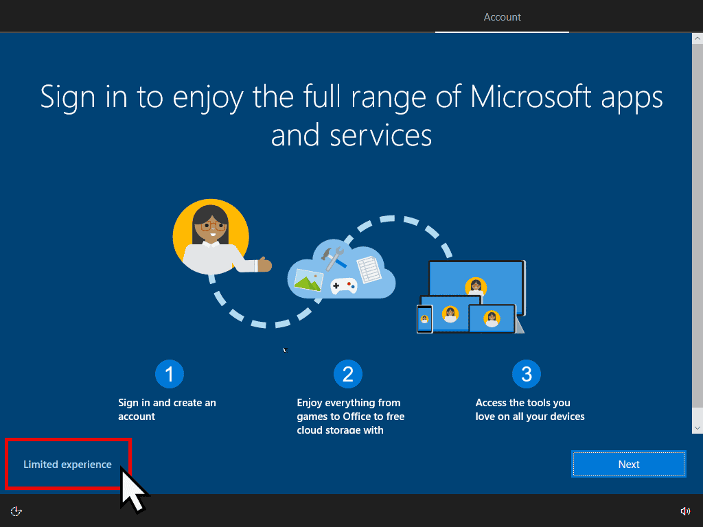 Limited Experience option indicated to install Windows 10 without a Microsoft account.