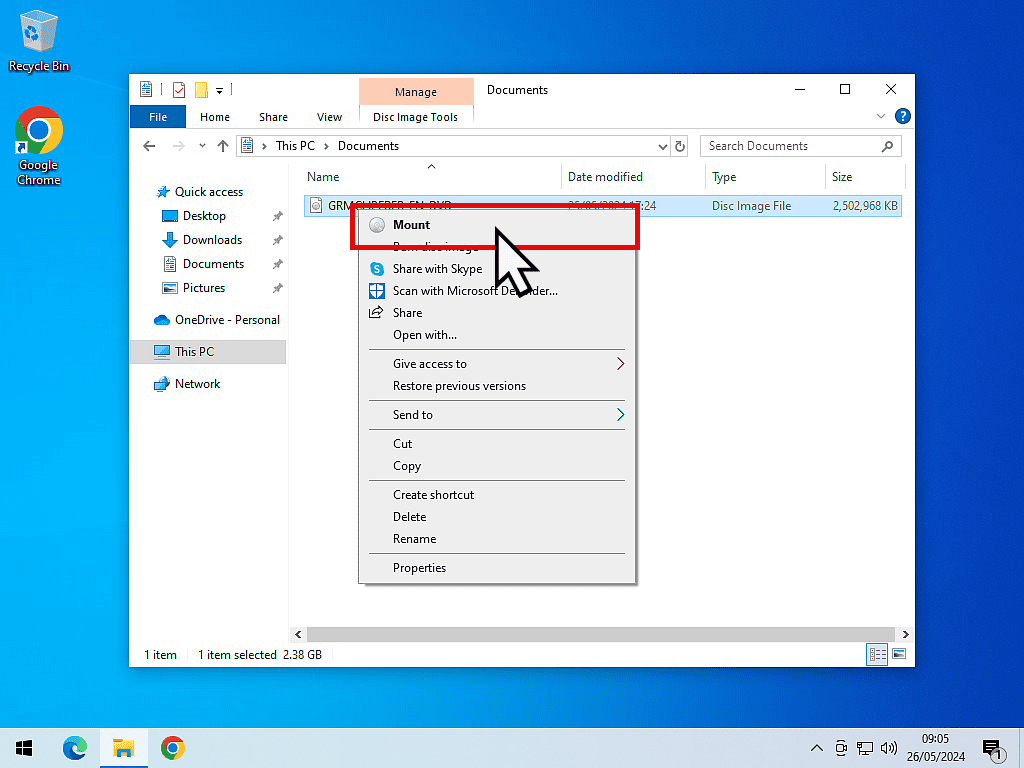 Mounting an ISO image in Windows 10.