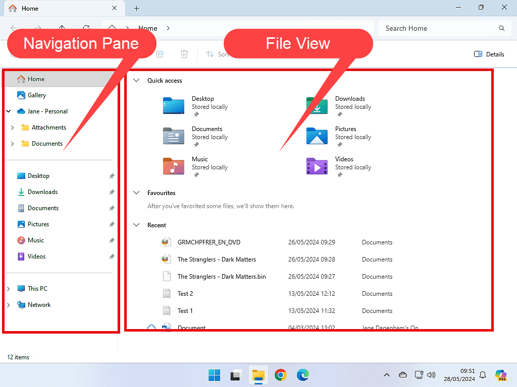 Navigation pane and File View area indicated by callouts in Windows File Explorer.