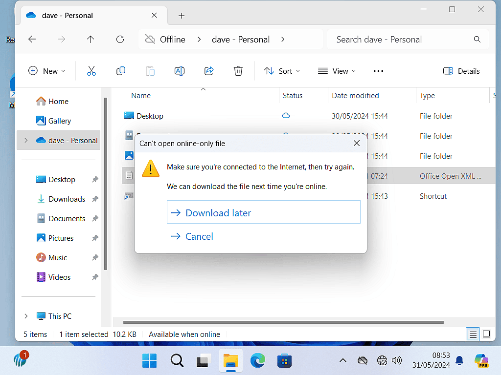 Can't open a file because it's online only and there isn't an internet connection.