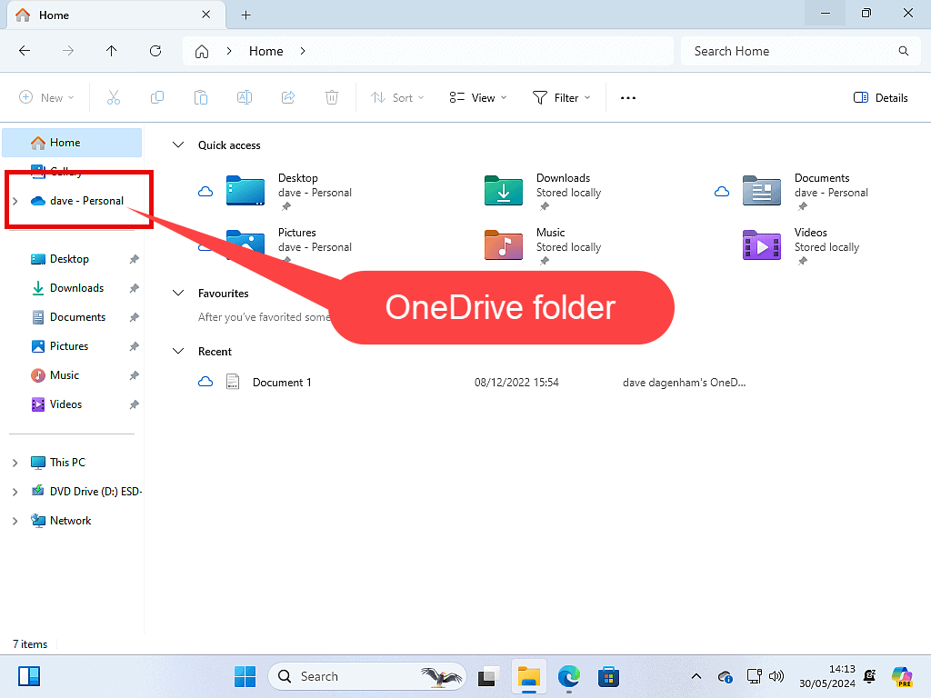 OneDrive folder indicated in Windows File Explorer