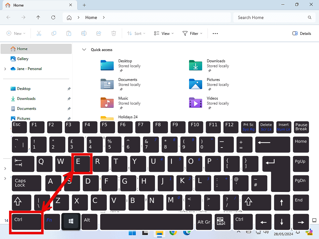 A File Explorer window is open. Also a keyboard is shown with the Windows key and the letter E marked.
