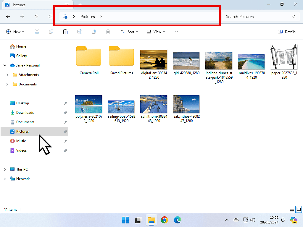 The Address Box is indicated in Windows Explorer. It shows the name of the current folder.