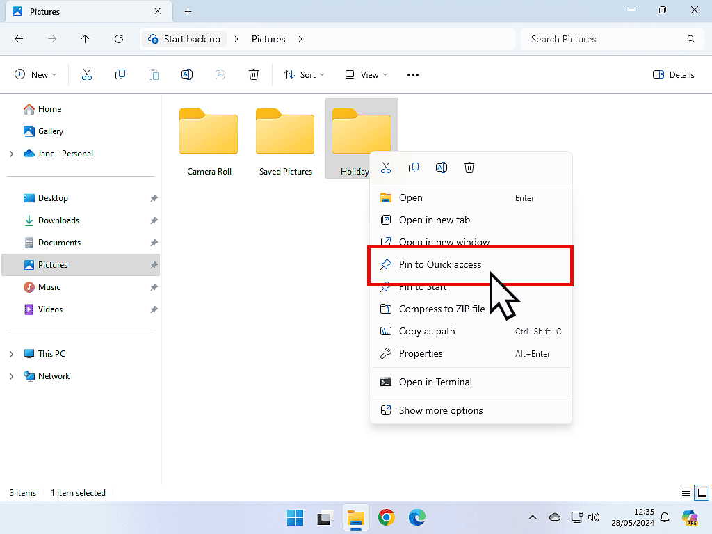 Options menu is shown with Pin To Quick Access marked in Windows 11.