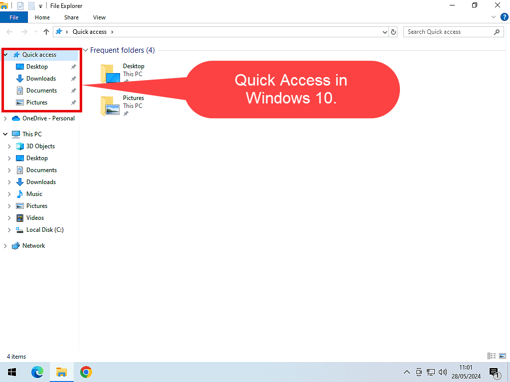 Quick Access area of Windows Explorer noted by a callout in Windows 10